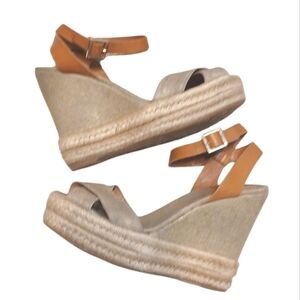 Tory Burch Espagrille Wedges Tan Open Toe Ankle Strap Sandals Size 9 B